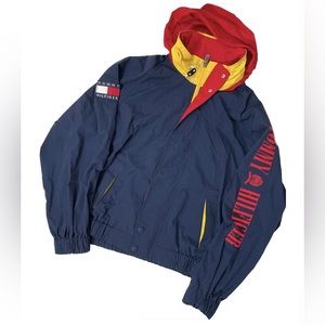 *SOLD* 90’s Tommy Hilfiger Spell Out Windbreaker Jacket Navy/Red/Yellow (L)